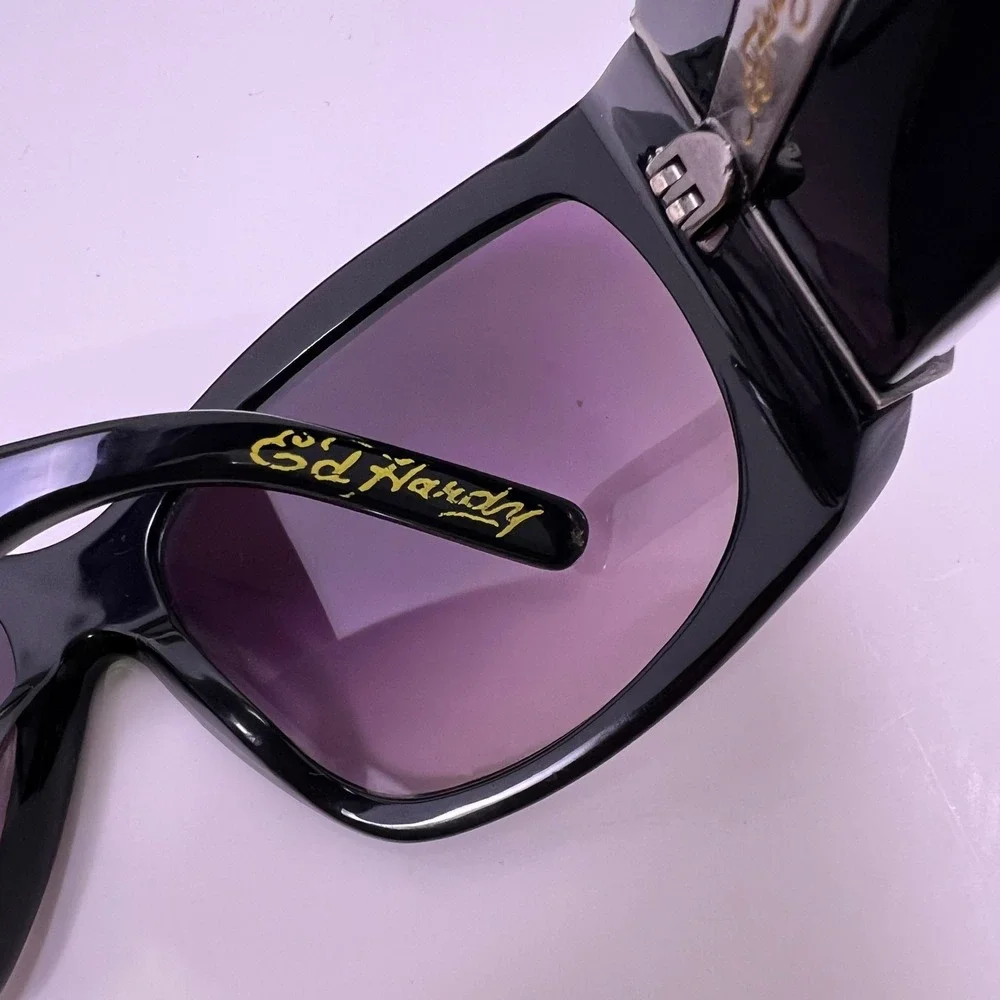 Ed Hardy Rhinestone Skull Shield Sunglasses Womens Black Acetate